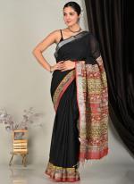 Pure Linen Cotton Black Casual Wear Pure Hand Work Saree